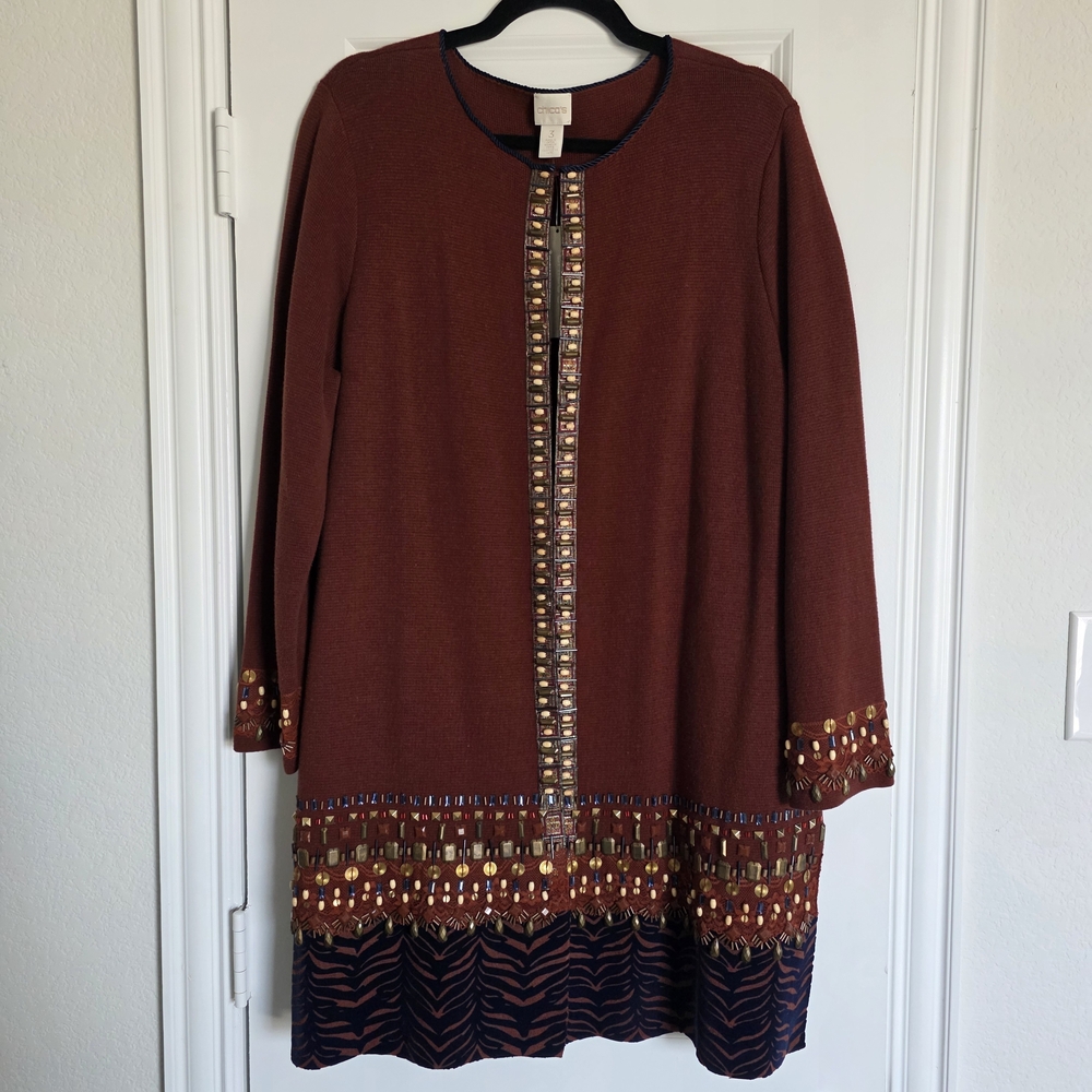 Chico’s Embellished Open Front Jacket/Cardigan – Size 3 16-18 (NWT) Rust-colored